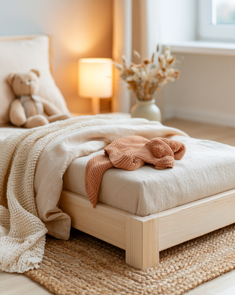 Chambre d'enfant apaisante avec petit lit, veilleuse et doudou, pour favoriser le sommeil de l'enfant