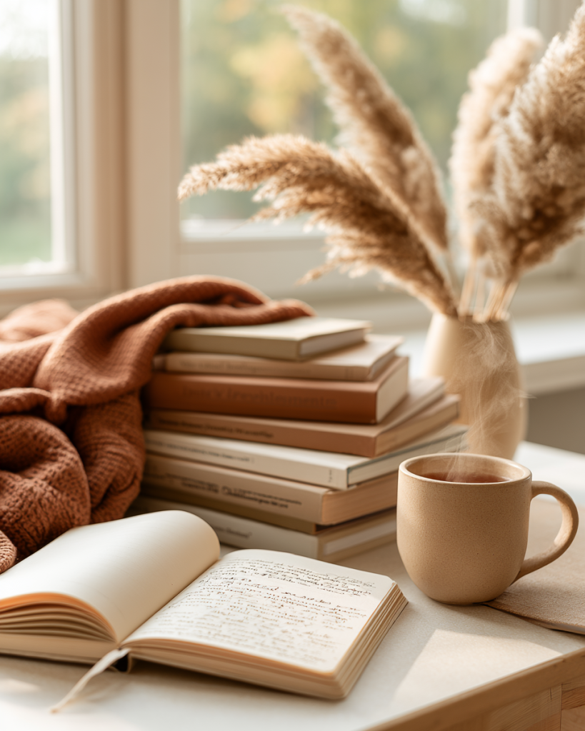 Livres et carnet de notes sur la parentalité positive, près d'une fenêtre lumineuse