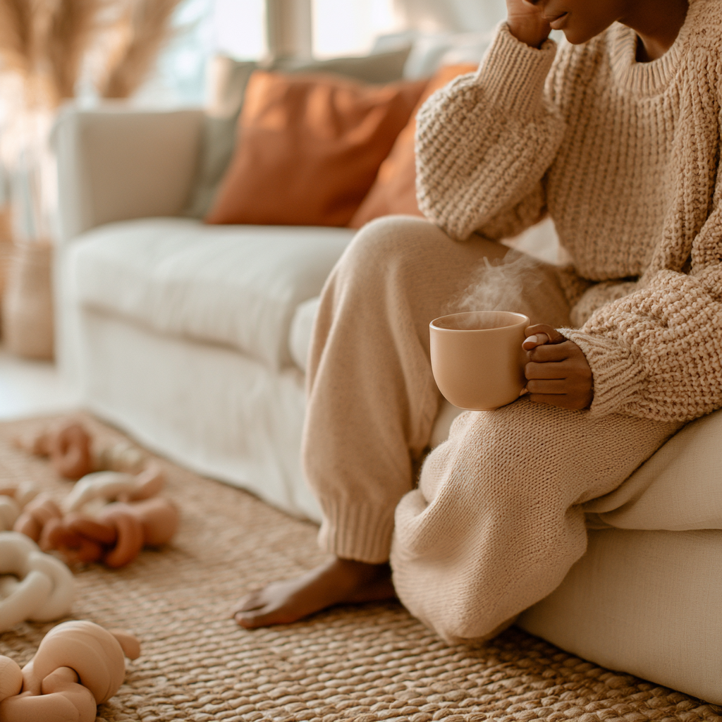 Maman épuisée par le quotidien, tasse à la main, en quête d'un accompagnement parental