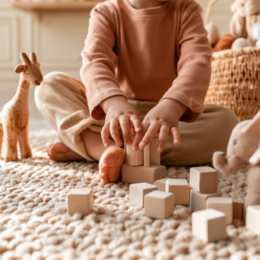 Enfant qui joue seul avec des cubes en bois, apprendre à accompagner les émotions de son enfant