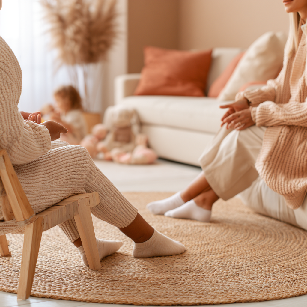 Échange entre une coach en parentalité et une maman à domicile, pendant que l'enfant joue