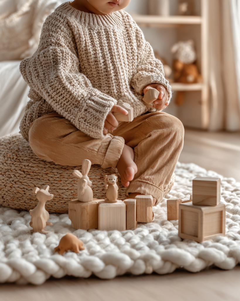 Tout-petit assis sur un pouf, jouant avec des cubes et des animaux en bois de style Montessori