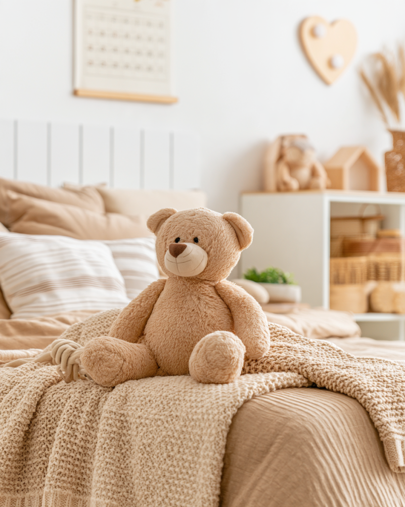 Ours en peluche sur un lit d'enfant avec lampe de chevet, pour un rituel du coucher apaisant
